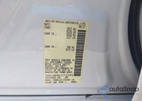 2017 Nissan Altima 2.5 S z USA, uszkodzony, nr VIN 1N4AL3AP3HC275595